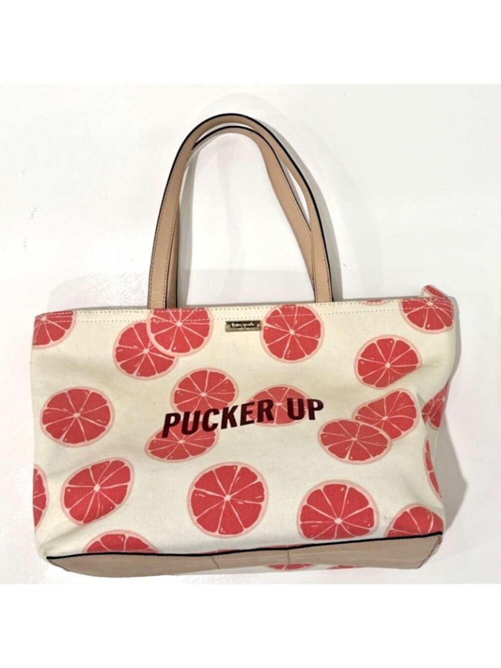 Kate Spade Flights Of Fancy Francis 'Pucker Up' Grapefruit Canvas Tote Purse Bag